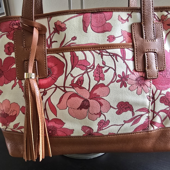 Isaac Mizrahi Pink Floral Canvas Tote with Brown Leather Accents - Picture 5 of 7